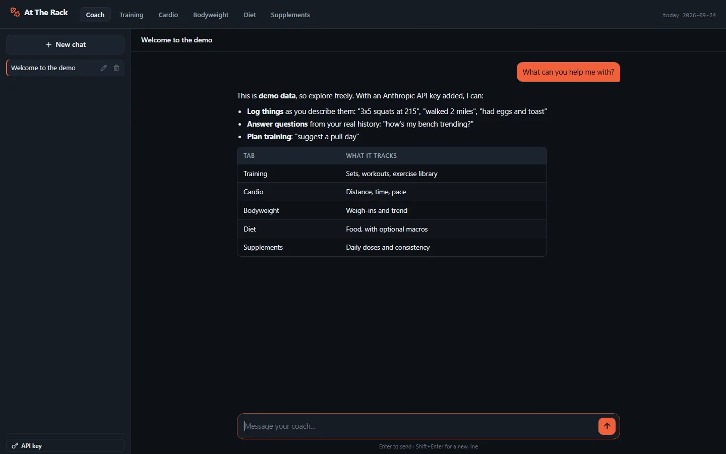 At The Rack's Coach tab: a chat with the AI coach